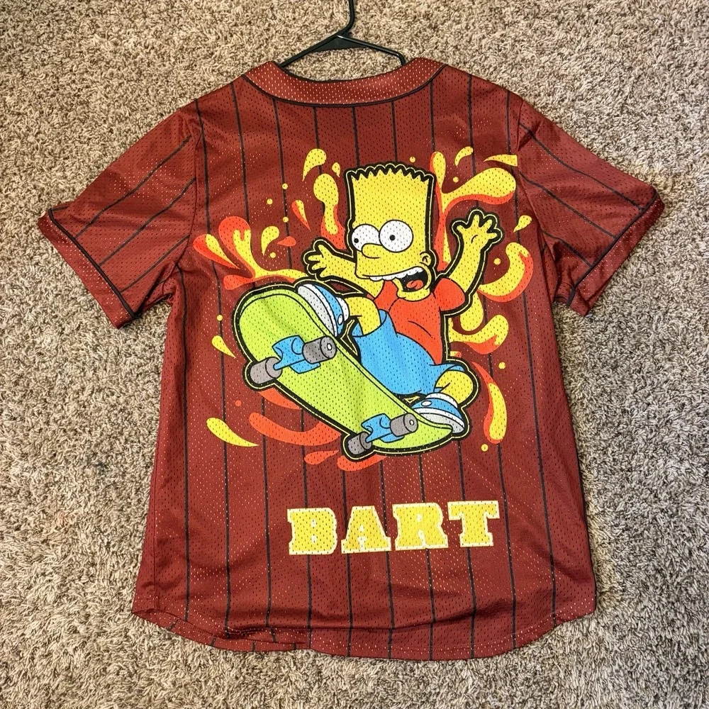 The Simpsons Bart Simpson Mesh Baseball Jersey XL Red Black Pinstripe Skateboard